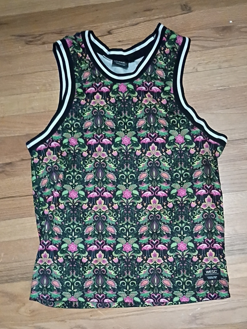 Wesc Floral Flamingo Tank Top in Black, Pink and Green Size Large